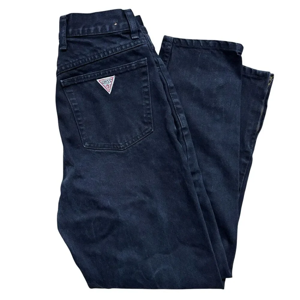 Guess Georges Marciano Vtg High Waist Jeans Sz 26 X 28 Tapered Ankle Zip Black